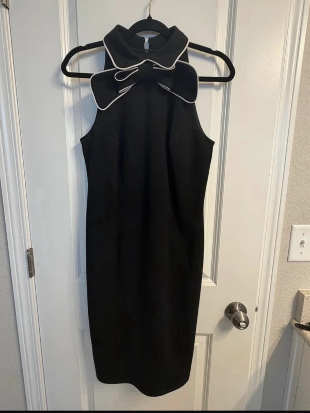 New York & Company Black Midi Dress with White-Trim Bow Collar